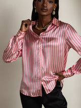 [Roze Streep] SilkSilky-NL Long Sleeve Lapel Collar Dames Blouse 003