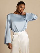 [Grijsachtig Blauw] SilkSilky-NL Long Sleeve Boat Neck Blouse 001