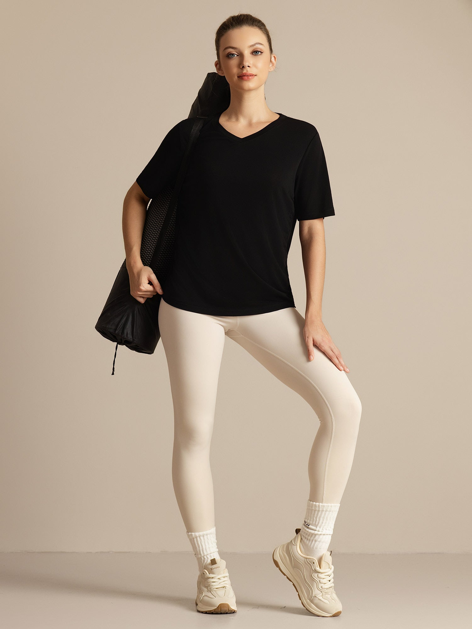 [Zwart] SilkSilky-NL Korte Mouw V Hals Dames T-Shirt 006