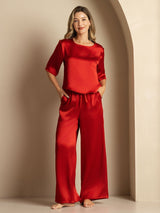 [Wijn] SilkSilky-NL Halve Mouw Ronde Hals Dames Pyjama Set 001