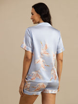 [Lichtblauw] SilkSilky-NL Short Sleeve Lapel Collar Dames Pyjama Set 002