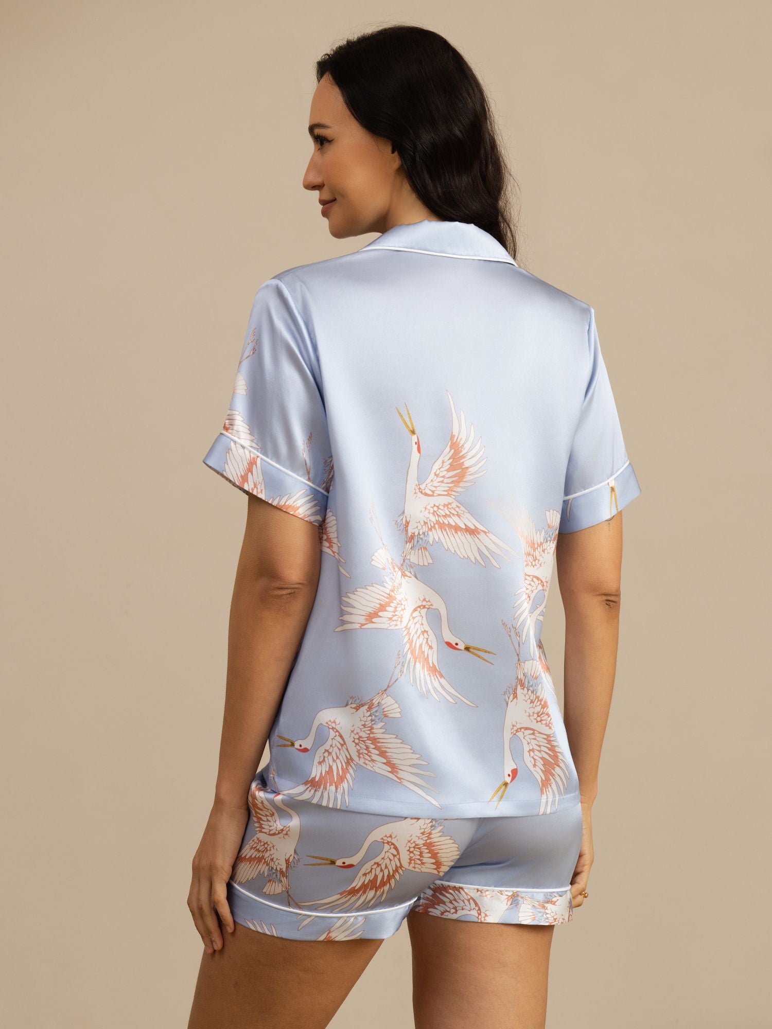 [Lichtblauw] SilkSilky-NL 19Momme Korte Mouw Notchkraag Dames Pyjama Set 002