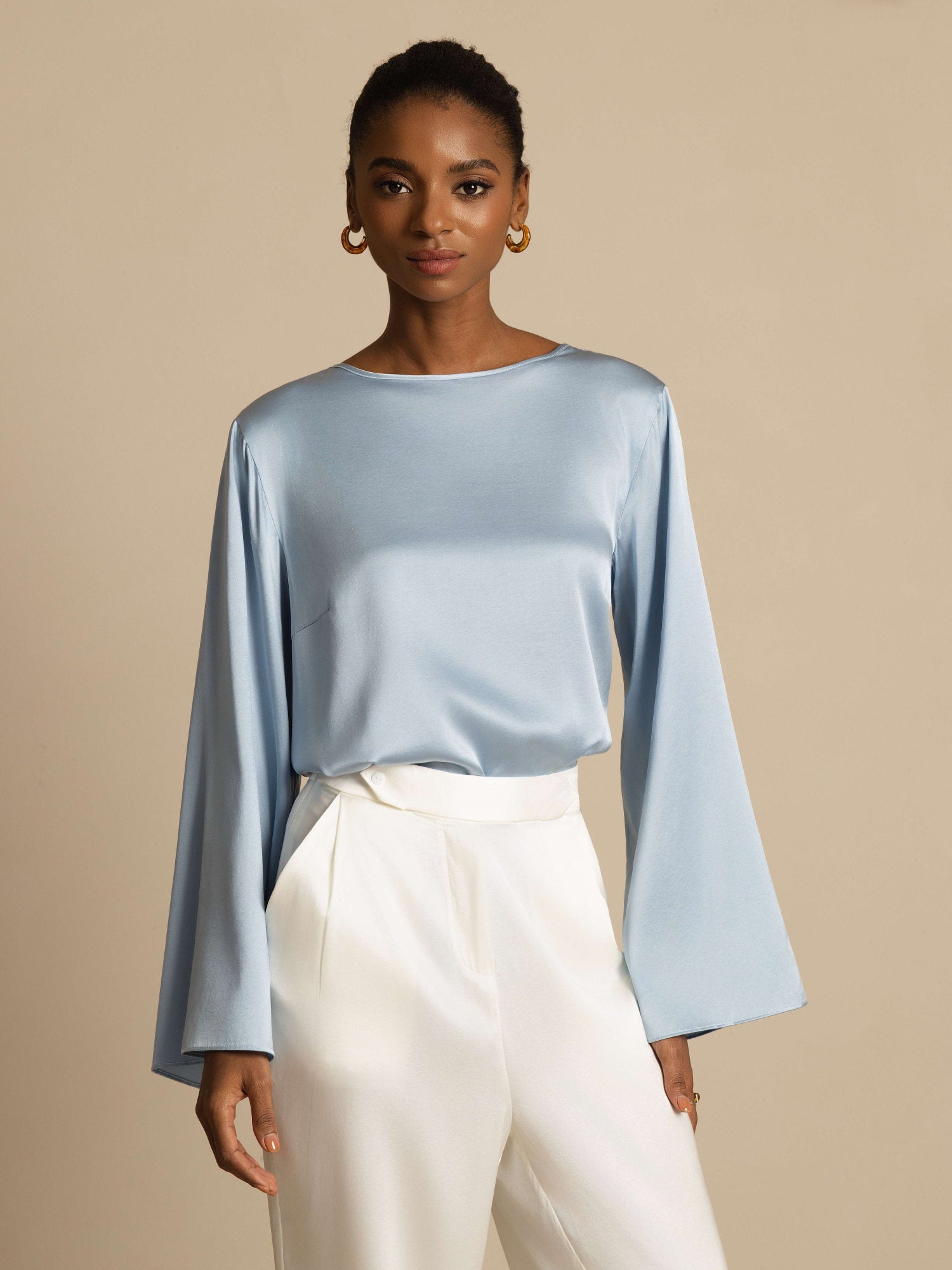 [Grijsachtig Blauw] SilkSilky-NL 19Momme Lange Mouw Boat Hals Blouse 006