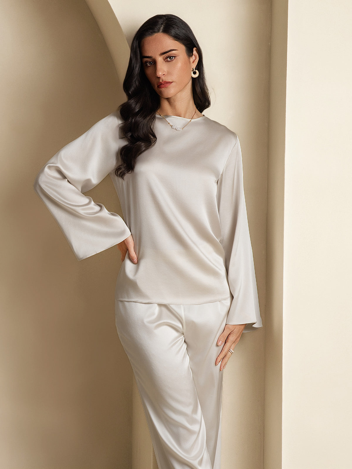 [Lichtgrijs] SilkSilky-NL 19Momme Lange Mouw Boat Hals Blouse 004