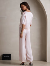 [Roze] SilkSilky-NL Halve Mouw Ronde Hals Dames Pyjama Set 002