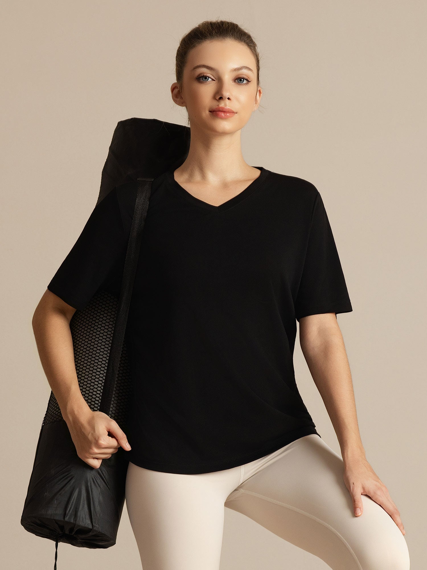 [Zwart] SilkSilky-NL Korte Mouw V Hals Dames T-Shirt 003