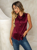 [Donkerrood] SilkSilky-NL Sleeveless Lapel Collar Dames Blouse 005