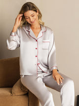 [Zilver] SilkSilky-NL Lange Mouw Notchkraag Dames Pyjama Set 007