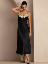 [Zwart] SilkSilky-NL Spaghetti Strap V Neck Jurk 006