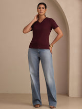 [Wijn] SilkSilky-NL Short Sleeve V Neck Dames T-Shirt 006