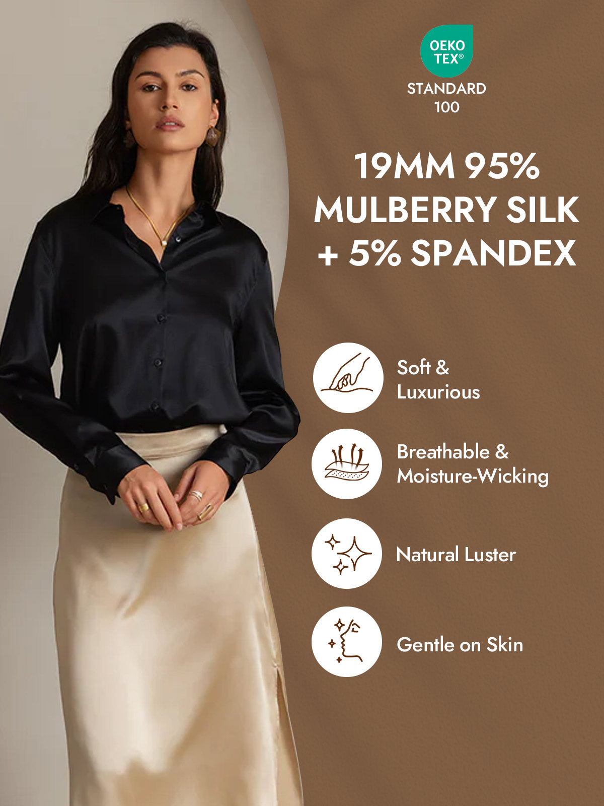 [Zwart] SilkSilky-NL Zijde Lange Mouw Kraag Dames Blouse 004