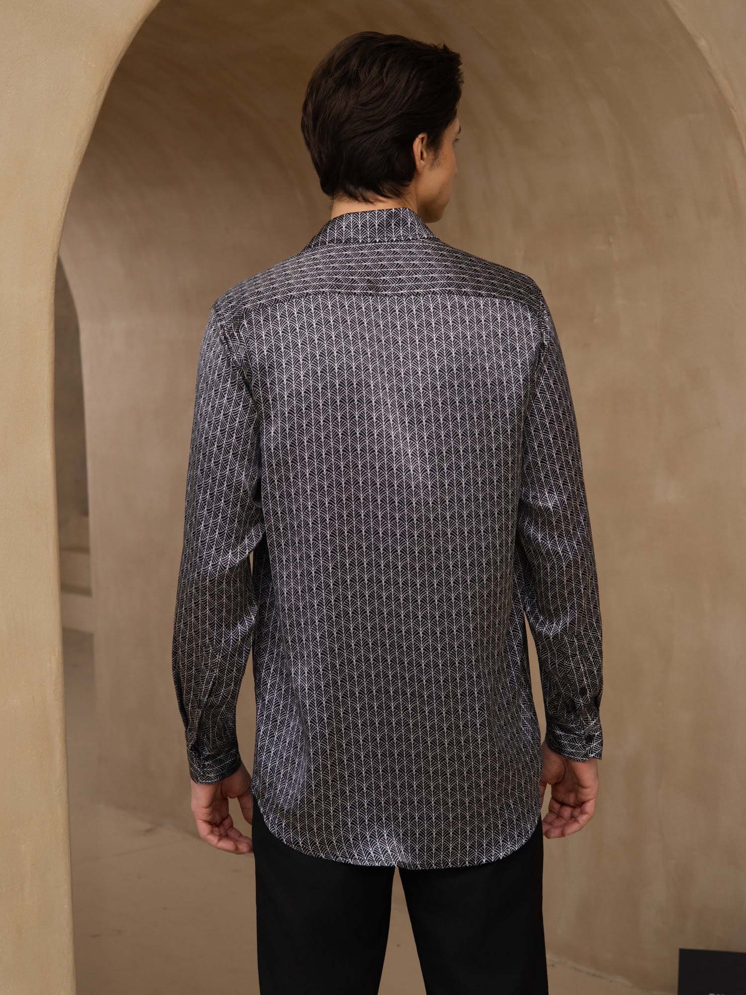 [Zwarte Ginkgo] SilkSilky-NL Lange Mouw Reverskraag Heren Shirt 002