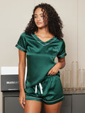 SilkSilky NL Pure Silk Korte Mouw V Hals Dames Pyjama Set Groen 005