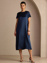 [Donkerblauw] SilkSilky-NL Short Sleeve Round Neck Jurk 001
