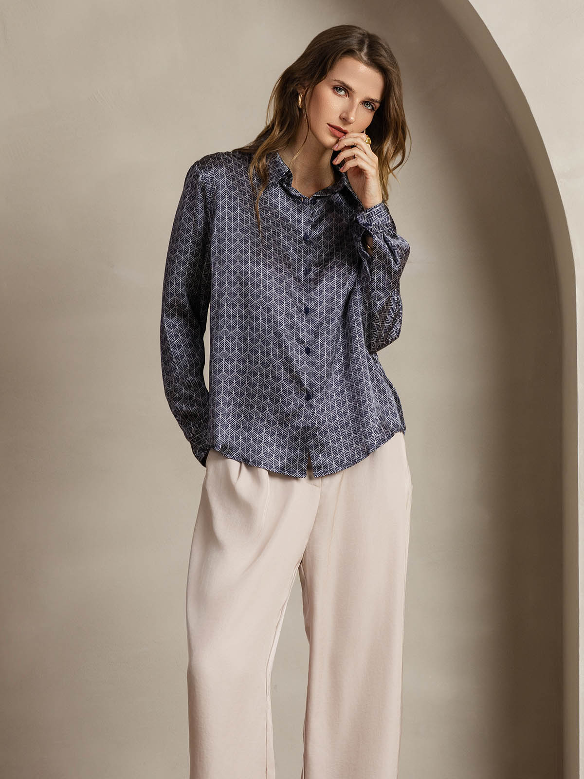 [Marine Ginkgo] SilkSilky-NL Zijde Kraag Dames Blouse 006
