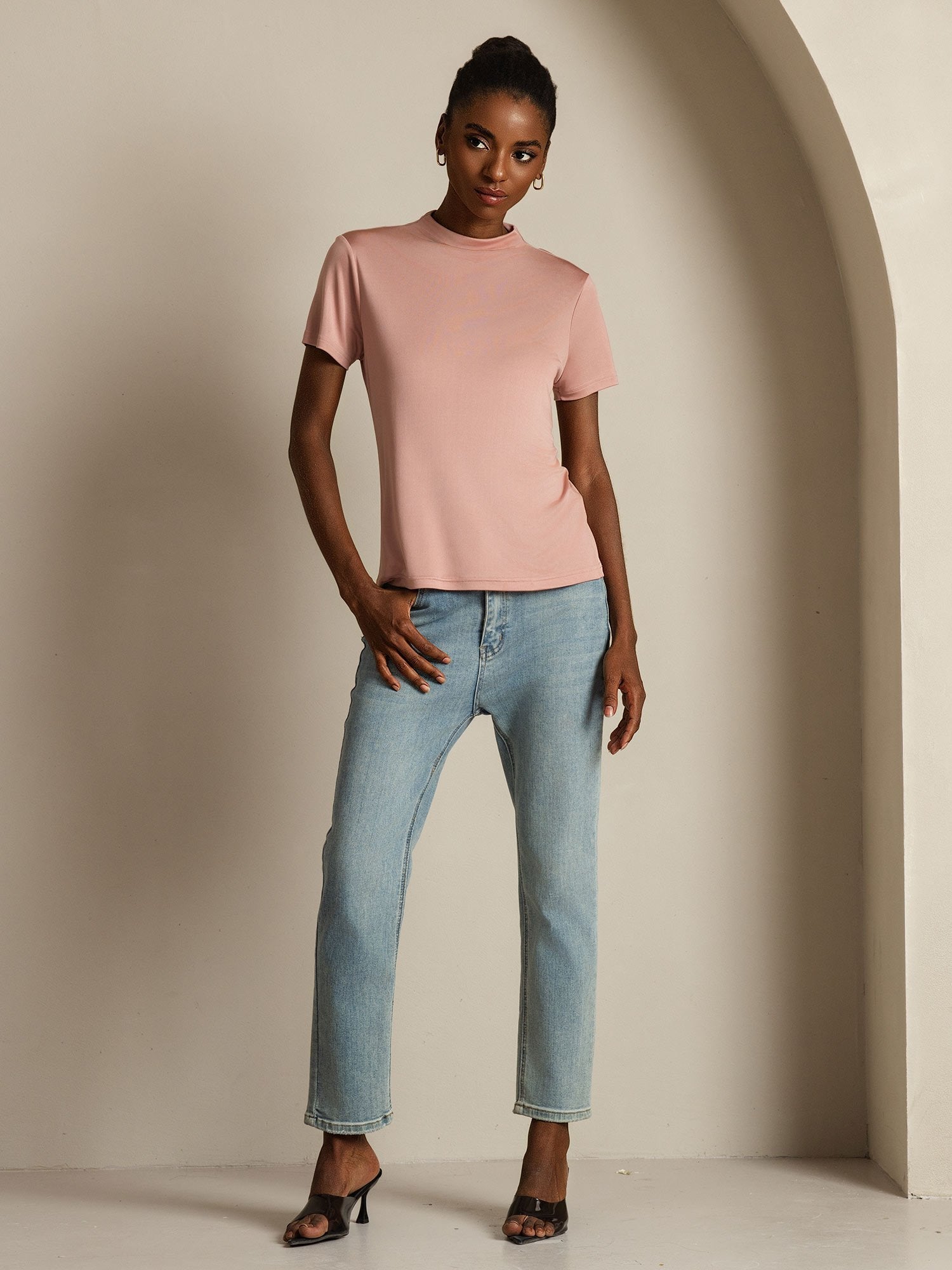 [Roze] SilkSilky-NL Zijde Kraag Dames T-Shirt 007