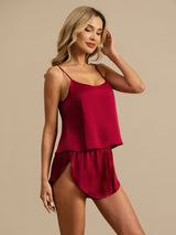 [Wijn] SilkSilky-NL Spaghetti Bandjes Diepe Ronde Hals Cami-Set 001