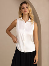 [Wit] SilkSilky-NL Sleeveless Lapel Collar Dames Blouse 003