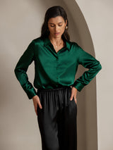 [Donkergroen] SilkSilky-NL Long Sleeve Lapel Collar Dames Blouse 003