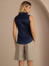 [Donkerblauw] SilkSilky-NL Sleeveless Lapel Collar Dames Blouse 002