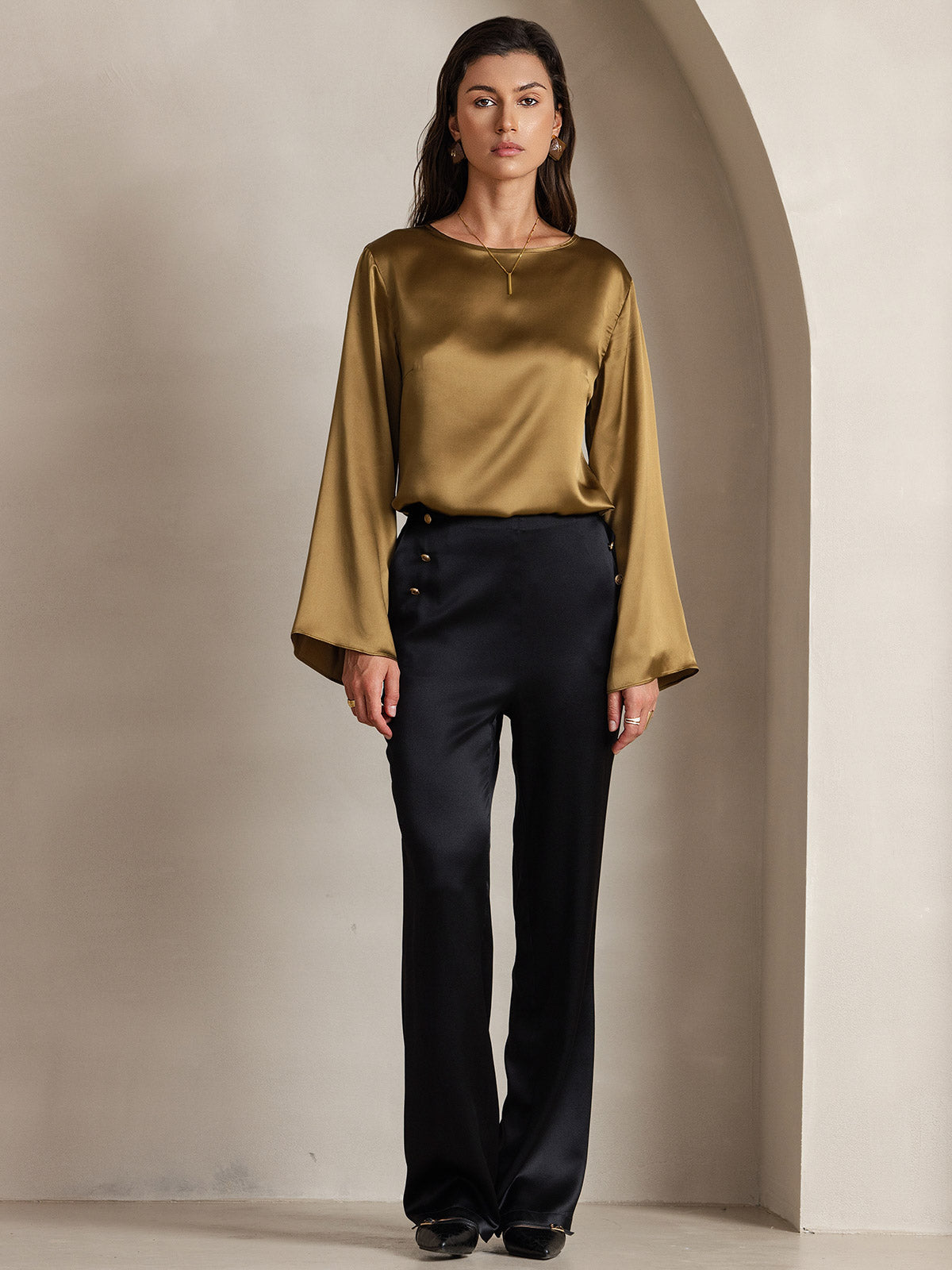 [Bruin] SilkSilky-NL 19Momme Lange Mouw Boat Hals Blouse 004