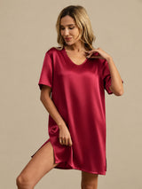 [Donkerrood] SilkSilky-NL Half Sleeve V Neck Nachthemd 004