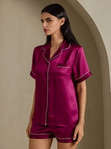 [Fuchsiaroze] SilkSilky-NL Short Sleeve Lapel Collar Dames Pyjama Set 007