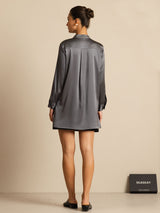 [Donkergrijs] SilkSilky-NL 19Momme Lange Mouw Staande Kraag Blouse 002