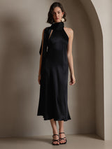 [Zwart] SilkSilky-NL 19Momme Stretch Silk Charmeuse Sleeveless Tie Neck Jurk 005