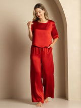 [Wijn] SilkSilky-NL Halve Mouw Ronde Hals Dames Pyjama Set 004