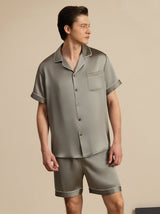 [Grijsachtig Groen] SilkSilky-NL Korte Mouw Notchkraag Heren Pyjama Set 001