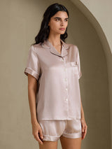 [Schaduwgrijs] SilkSilky-NL Short Sleeve Lapel Collar Dames Pyjama Set 007