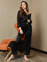 [Zwart] SilkSilky-NL Lange Mouw Notchkraag Dames Pyjama Set 006