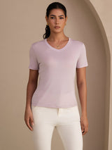[Lavendel] SilkSilky-NL Short Sleeve V Neck Dames T-Shirt 001