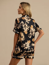 [Zwarte Draak] SilkSilky-NL Korte Mouw Notchkraag Dames Pyjama Set 002