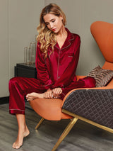 [Wijn] SilkSilky-NL Lange Mouw Notchkraag Dames Pyjama Set 001