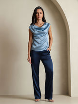 [Grijsachtig Blauw] SilkSilky-NL Cap Sleeve Cowl Neck Dames T-Shirt 005