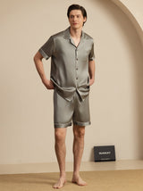 [Grijsachtig Groen] SilkSilky-NL Korte Mouw Notchkraag Heren Pyjama Set 004