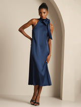 [Donkerblauw] SilkSilky-NL Sleeveless Tie Neck Jurk 008