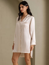 [Beige] SilkSilky-NL Long Sleeve Lapel Collar Slaap Hemd 001