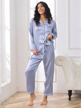 [Staal Blauw] SilkSilky-NL Long Sleeve Lapel Collar Dames Pyjama Set 004