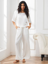 [Wit] SilkSilky-NL Halve Mouw Ronde Hals Dames Pyjama Set 004