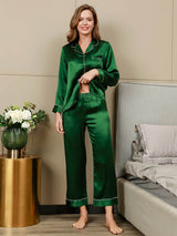 [Groen] SilkSilky-NL Long Sleeve Lapel Collar Dames Pyjama Set 005