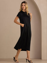 [Zwart] SilkSilky-NL Short Sleeve Round Neck Jurk 001
