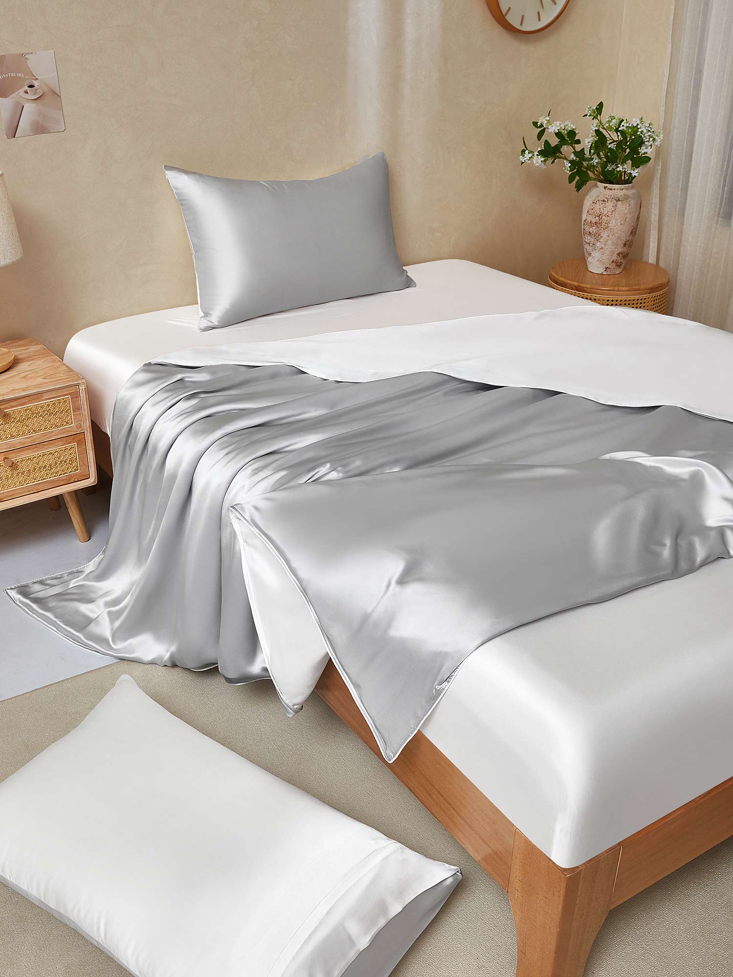 [Lichtgrijs+Wit] SilkSilky-NL 25Momme Bedding Set 001,