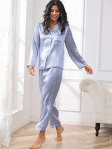 [Staal Blauw] SilkSilky-NL Long Sleeve Lapel Collar Dames Pyjama Set 003