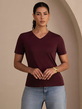 [Wijn] SilkSilky-NL Short Sleeve V Neck Dames T-Shirt 004