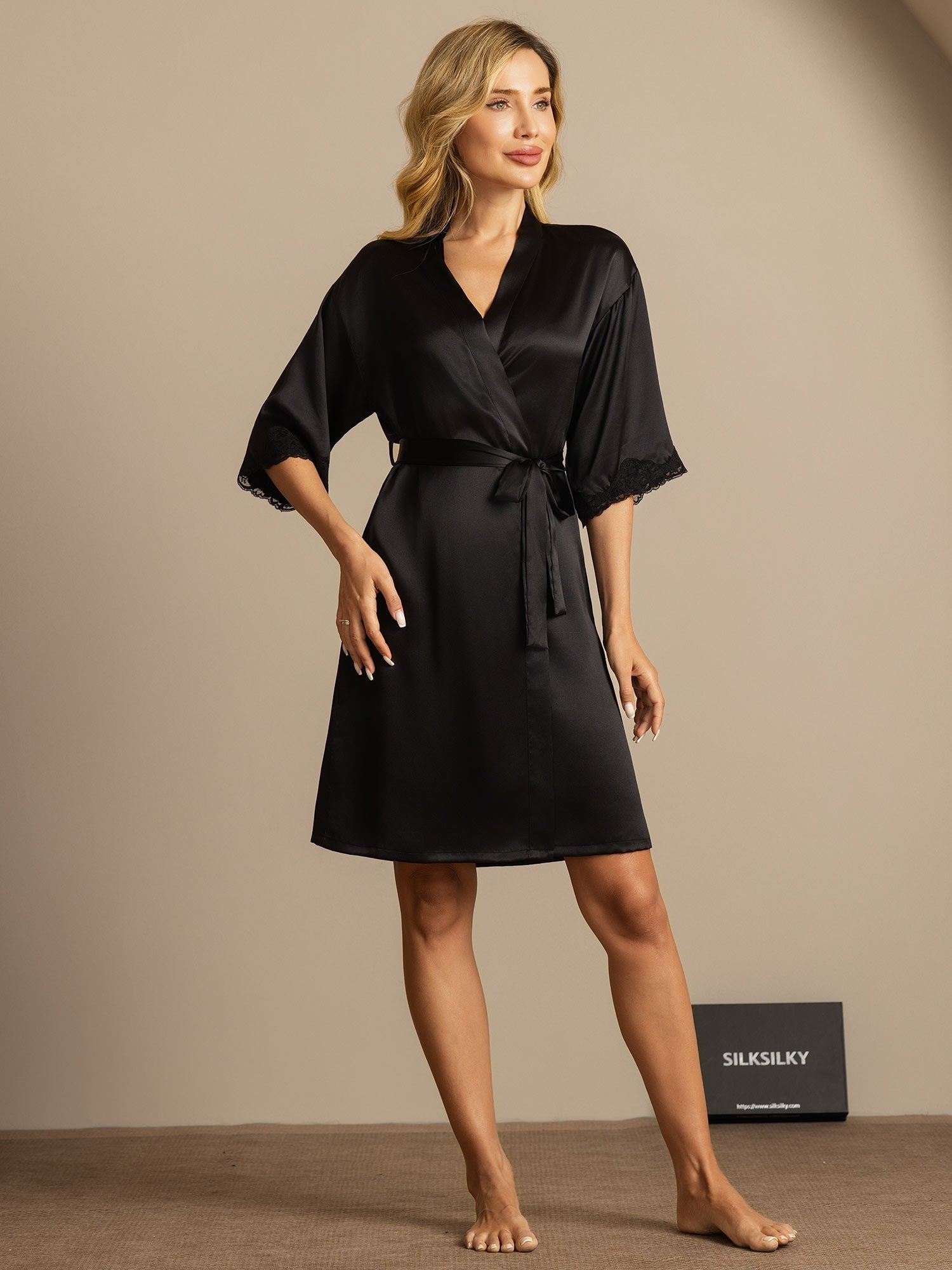 [Zwart] SilkSilky-NL Halve Mouw Dames Kamerjas 006