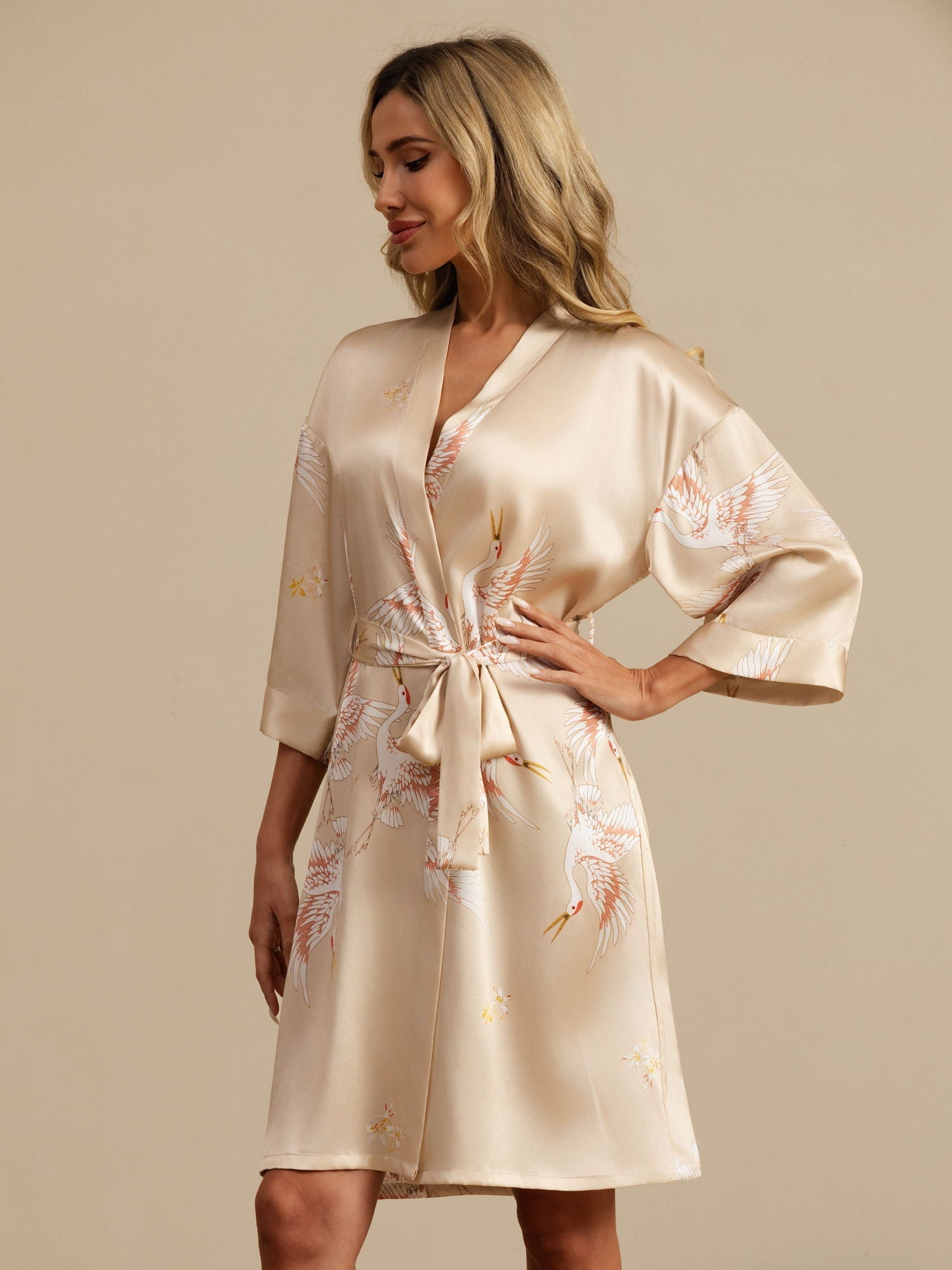 [Champagne] SilkSilky-NL 19Momme 3/4 Mouw Dames Kamerjas 001