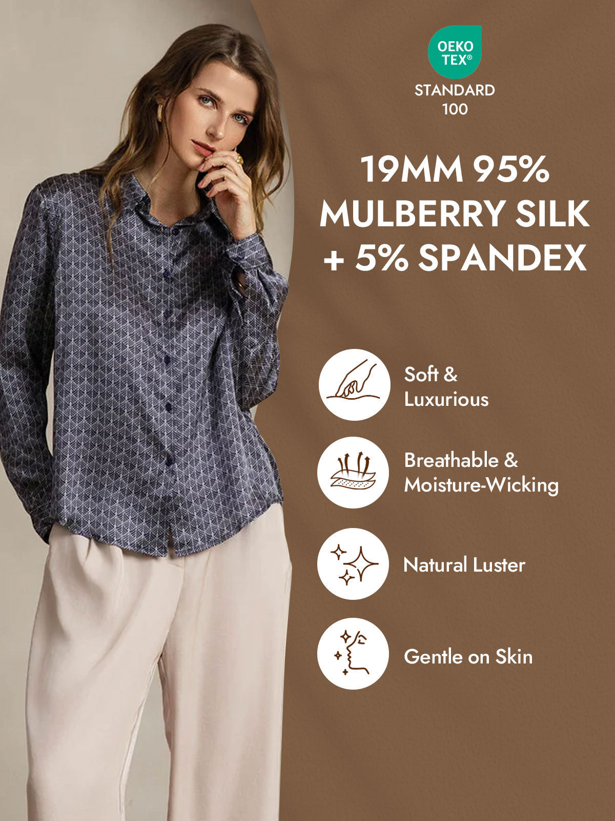[Marine Ginkgo] SilkSilky-NL Zijde Lange Mouw Kraag Dames Blouse 004